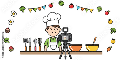 Young chef filming a cooking show with camera and ingredients for a culinary video