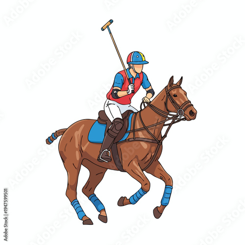 Polo player atop a brown horse, raising a mallet, in motion