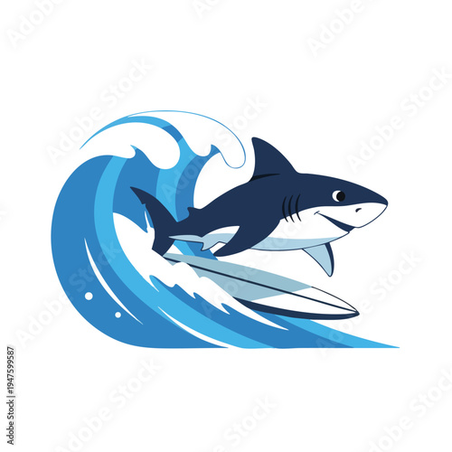 Cartoon shark surfing a wave on a surfboard