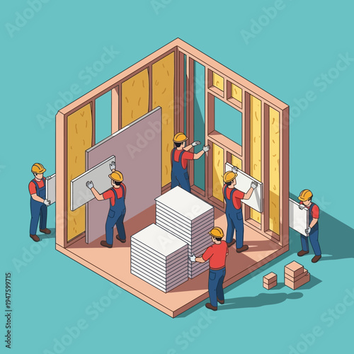 Isometric illustration of construction workers installing insulation and drywall in a building frame.