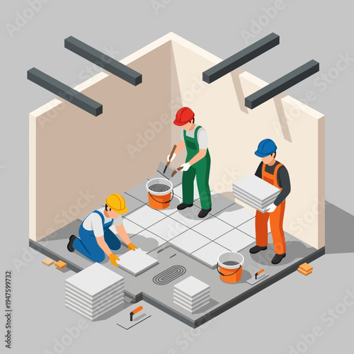 Isometric illustration of construction workers laying tiles on a floor inside a building.