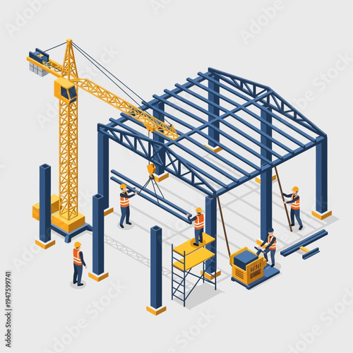 Isometric illustration of a construction site with workers, crane, and building frame.