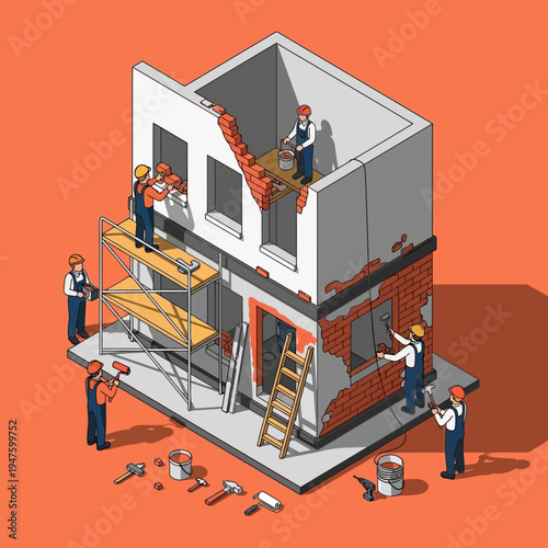 Isometric illustration of construction workers renovating a two-story building with scaffolding.