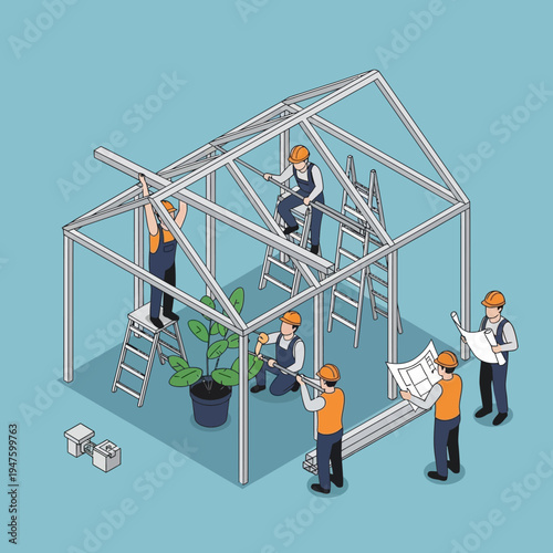 Construction workers assembling a metal frame structure of a greenhouse, with blueprints and tools.