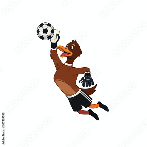 A cartoon duck wearing goalie gloves and shorts leaps for a soccer ball