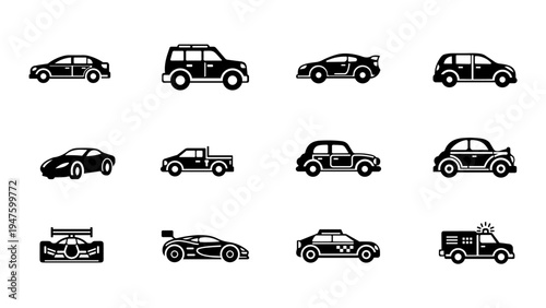 Modern Black Filled Car Vector Icon Set – 12 Minimal Vehicle Icons Collection, Simple Transportation Symbols