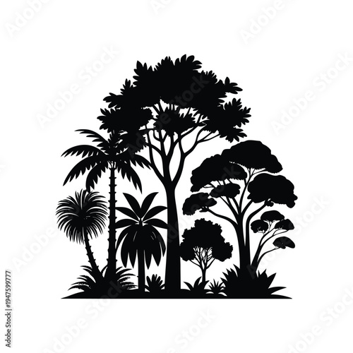 Tropical Rainforest Trees and Exotic Palm Silhouette Collection Isolated on White