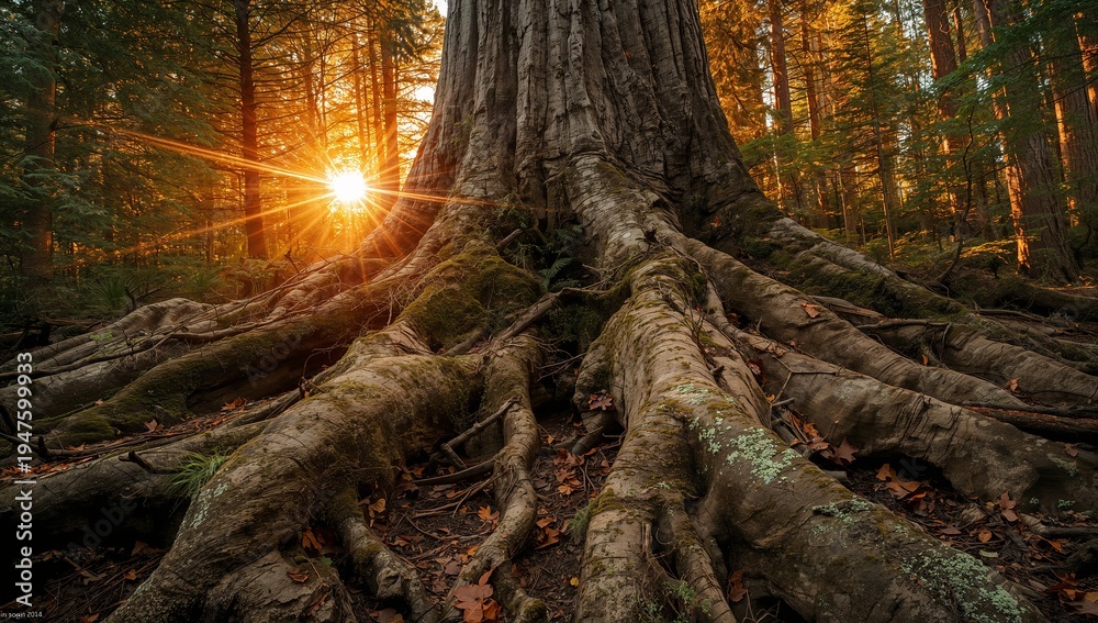Fototapeta premium Sunlight Filtering Through Forest Canopy and Tree Roots in Nature