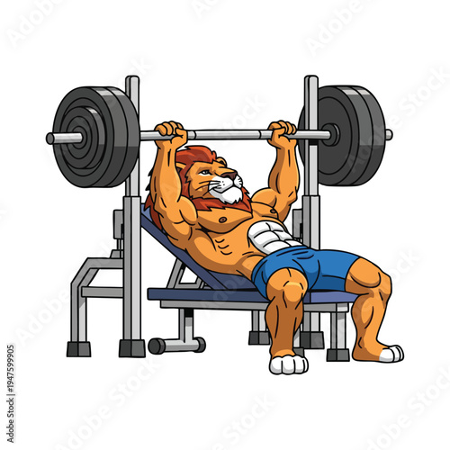 Muscular lion lifting weights on a bench press machine