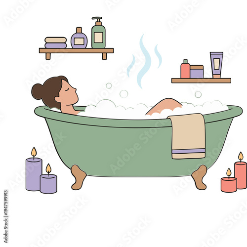 Relaxing woman taking a warm bath with candles and toiletries