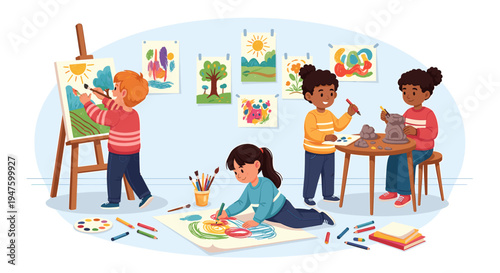 Children engaged in various art activities, including painting, drawing, and sculpting, in a bright and colorful classroom setting.