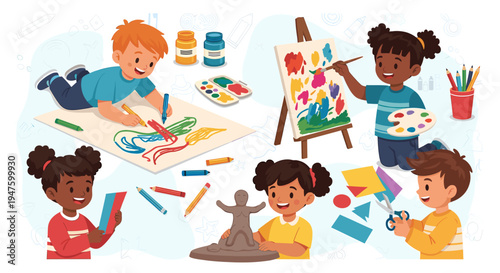 Diverse group of young children engaged in various creative art activities, including painting, drawing, sculpting, and crafting.