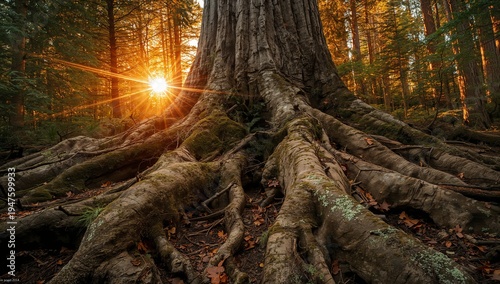 Sunlight Filtering Through Forest Canopy and Tree Roots in Nature
