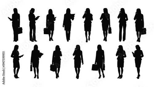 Silhouettes of business people walking in various poses