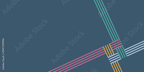 A vibrant graphic design featuring colorful lines on a blue background