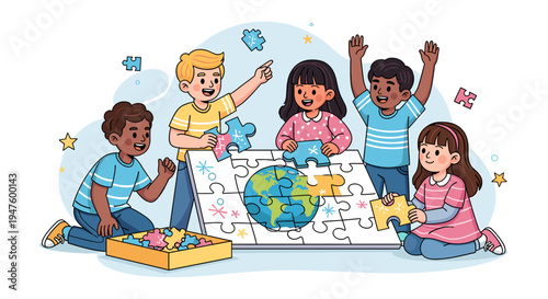 Diverse group of children collaborating to assemble a jigsaw puzzle of the Earth, symbolizing global unity and teamwork.