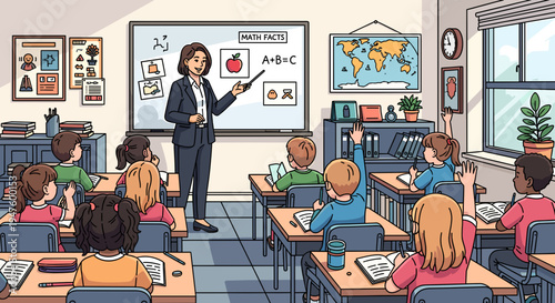 A female teacher in a suit stands at a whiteboard in a classroom, pointing to a diagram while students raise their hands to answer questions.