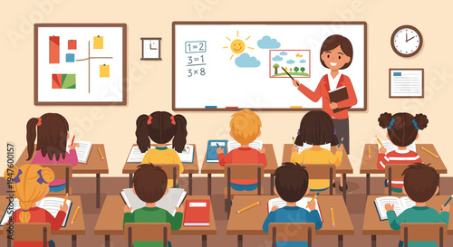 A cheerful teacher instructs a classroom of diverse young students during a bright, engaging lesson.