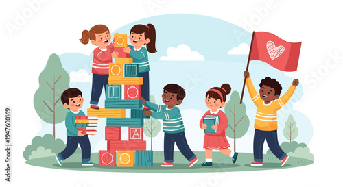 Diverse group of children joyfully building a tall tower of colorful blocks together outdoors, celebrating teamwork and friendship with a flag.