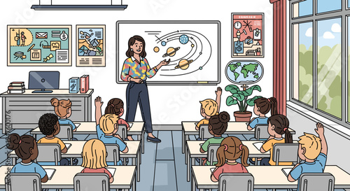 A teacher in a classroom points to a solar system diagram on a smartboard, with students raising their hands.