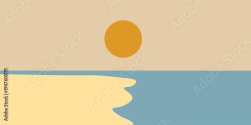 A serene beach scene with a vibrant sunset over calm waters and sandy shore