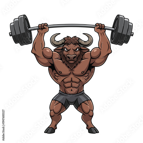 Muscular bull-headed creature with horns and a barbell, flexing