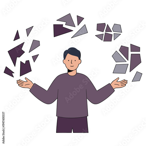 Man surrounded by shattered puzzle pieces in confusion