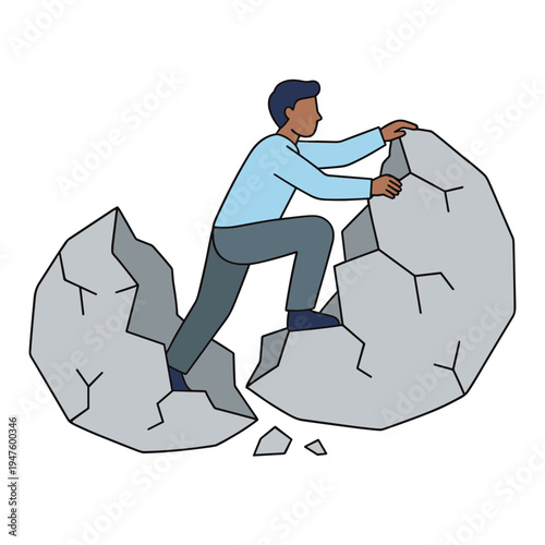 Man struggles to move a large broken rock on the ground outside