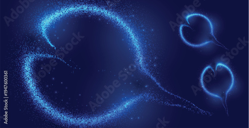 Abstract glowing hearts and swirling light trails on a dark blue background