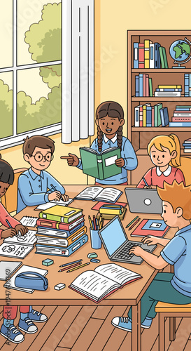 A diverse group of elementary school children collaborating on a project around a table in a bright classroom with bookshelves and a window.