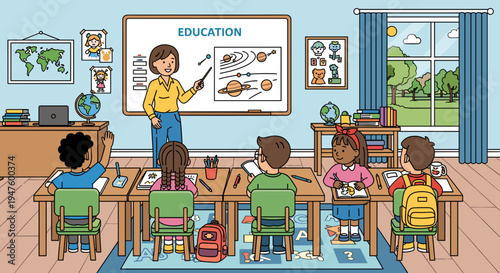 A diverse group of elementary school students actively engaged in a science lesson about the solar system, led by their teacher in a bright, well-equipped classroom.
