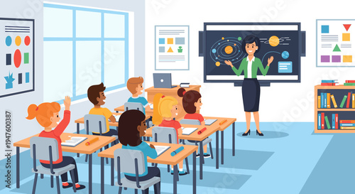 A diverse group of elementary school students attentively listen to their teacher in a brightly lit classroom, with one student raising their hand to answer a question.