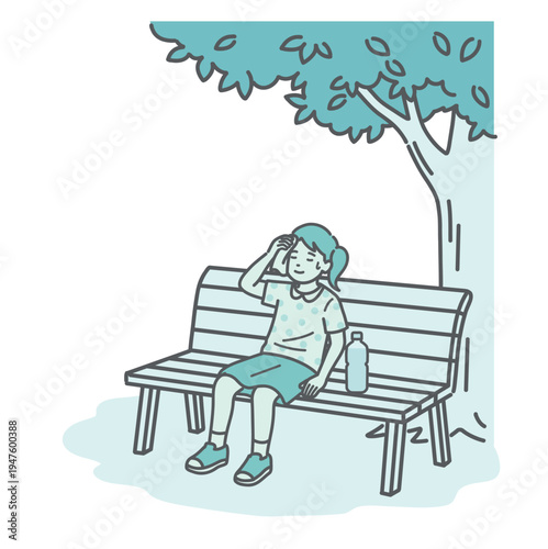 木陰のベンチで休憩して涼む女の子（子供）のイラスト