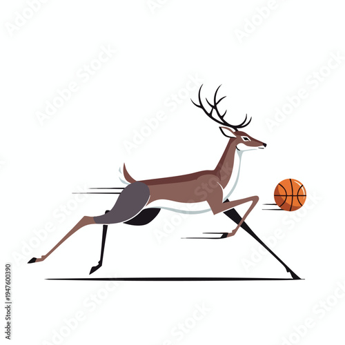 A stylized deer with antlers runs with a basketball