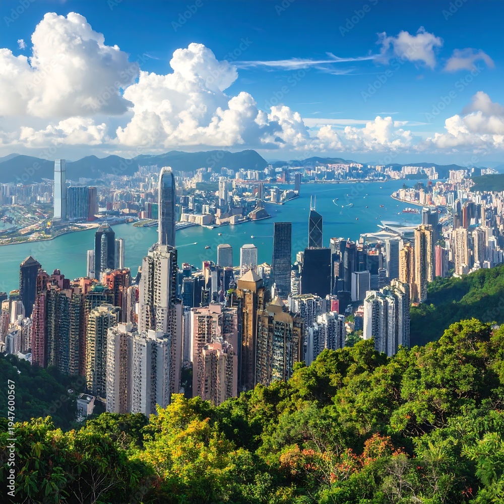 Obraz premium Aerial view of a densely populated cityscape with skyscrapers and lush greenery