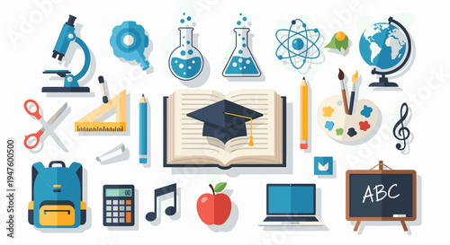 A comprehensive collection of school supplies, science equipment, and educational tools on a white background.