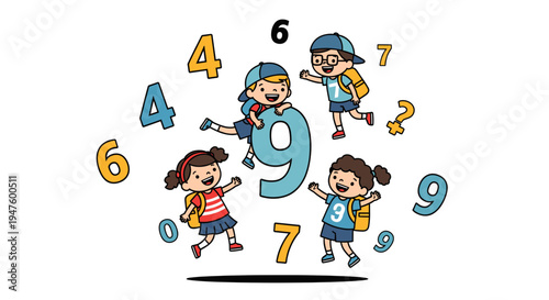 Four happy cartoon children playing with large numbers, learning math concepts, and having fun in an educational setting.