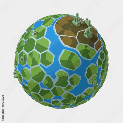 A low-poly 3D rendering of a stylized planet with hexagonal landmasses and structures.
