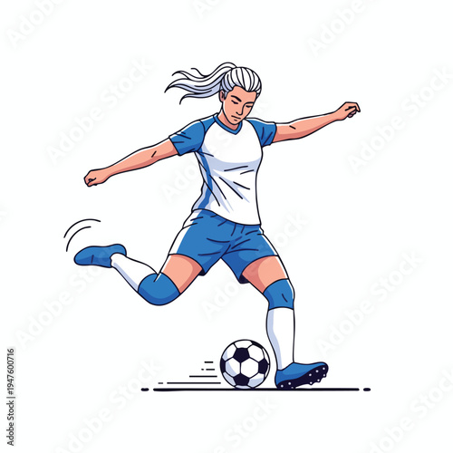 Woman in blue and white kicking soccer ball with blonde ponytail