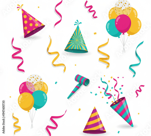A colorful birthday party set featuring festive party hats and balloons with confetti decorations in a vibrant vector illustration design for a happy celebration event
