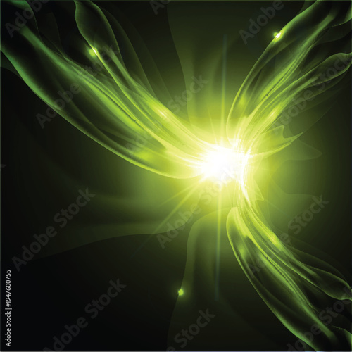 Abstract explosion of vibrant green light emanating from a central bright point