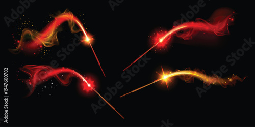 Fiery sparks and glowing trails illuminate a dark background creating a dynamic display
