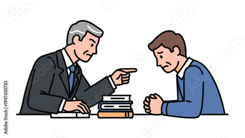 Boss scolding employee illustration. Workplace reprimand, disciplinary action, conflict, poor performance, stress, failure.