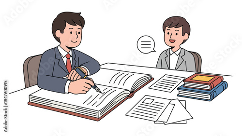 Professional business meeting illustration with two men discussing and taking notes. Collaboration and documentation at work.