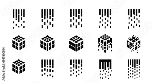 Abstract Cubes and Falling Lines Icons Set, Geometric Shapes, Minimalist Design