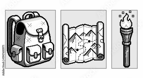 Adventure icons: backpack, map, and torch - pixel art