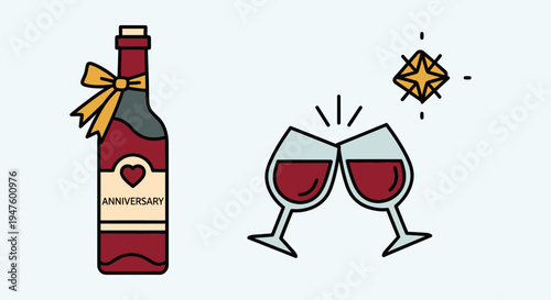 Anniversary Celebration with Wine Bottle and Toasting Glasses Illustration