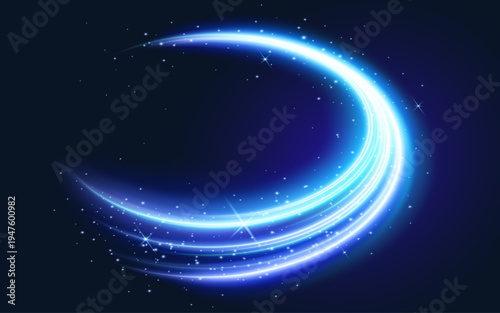 A vibrant swirling crescent of electric blue light shines against a dark starry background