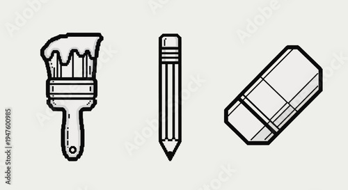 Art tools: paintbrush, pencil, eraser icons on a light background