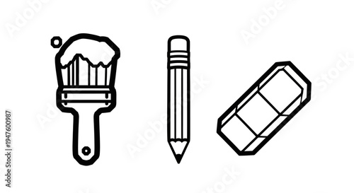 Art supplies: Paintbrush, pencil, eraser icons